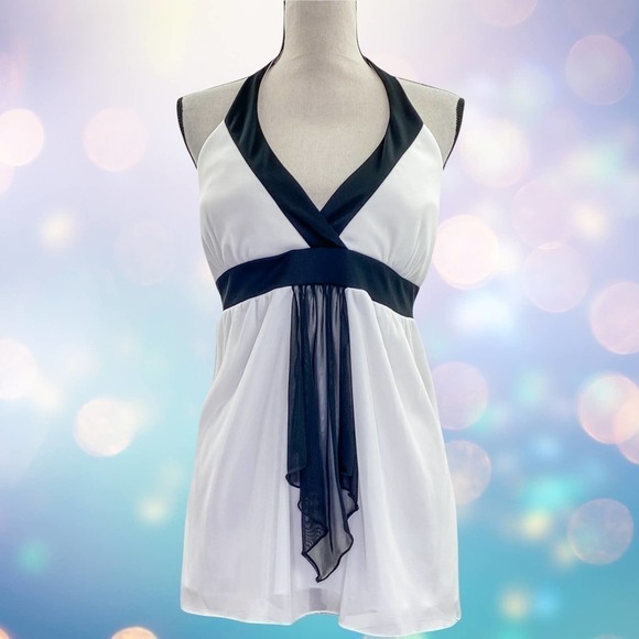 STUDIO Y White & Black Sleeveless Surplice V-Neck Tie Waist Halter Top - Picture 10 of 10